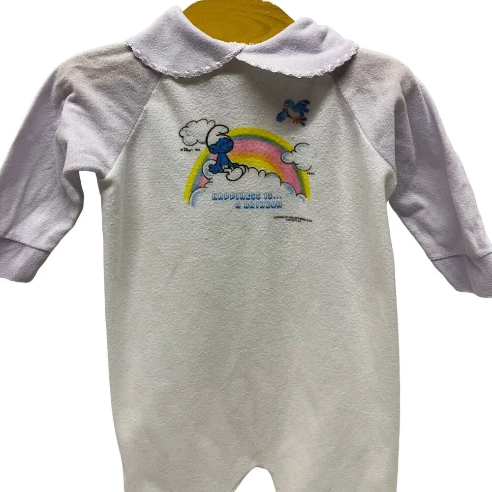 Vintage 80s SMURFS Baby Girl Sleeper 3-6M White/Purple Happiness Is A Rainbow